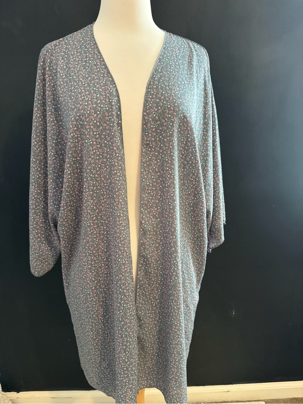 Lightweight Open Front Kimono Cardigan in Dusty Teal  with Pink Floral  One Size